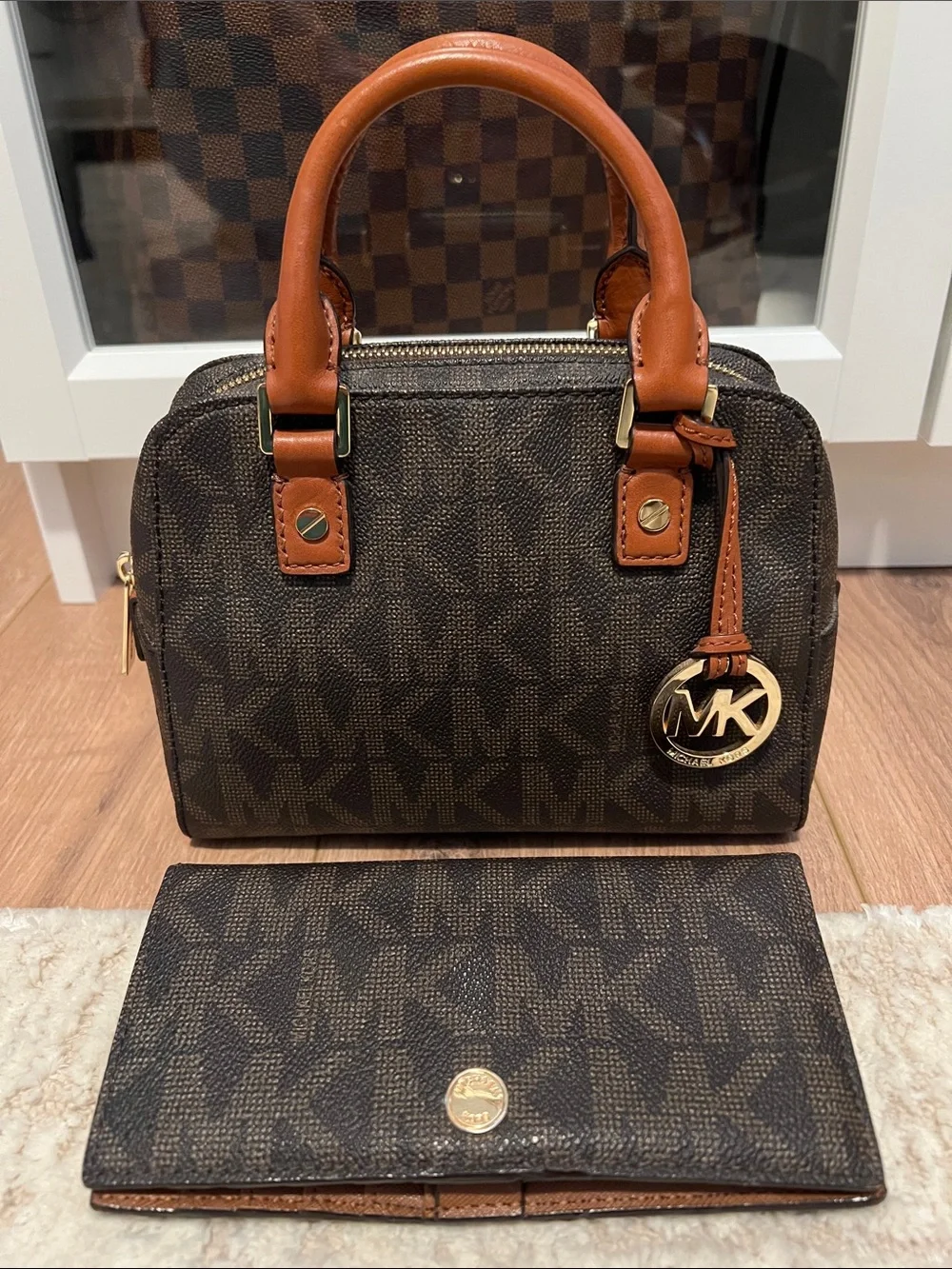 Michael Kors Brown and Tan MK Logo Dome Satchel with Wallet